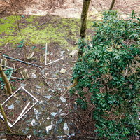 雑草の生えた地面に散らばるガラス破片と荒廃した風景の写真