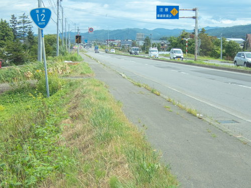 歩道から見たまっすぐ長い国道12号線、日本一の直線道路