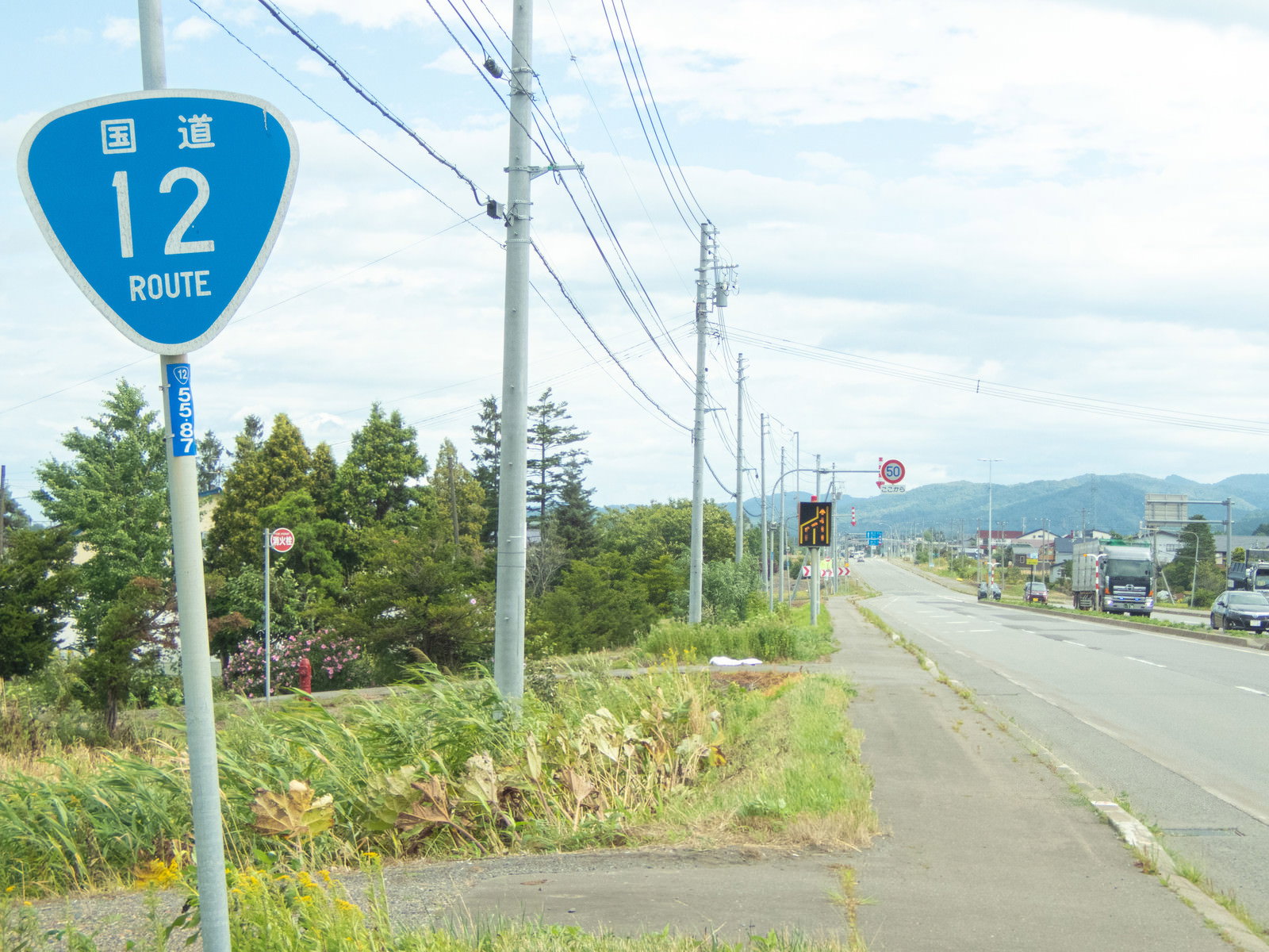 青空の下、国道12号線の標識と電柱が並ぶまっすぐな歩道と道路