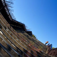 ビルの非常階段を足早に登っていく男性の後ろ姿の写真