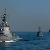 観閲式のイージス艦と護衛艦の写真