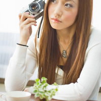 レトロなフィルムカメラを手に持ち肘をついてポーズする女性の写真