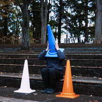 二兎を追うものは一兎も得ず、公園で頭を抱える三角コーンマンの写真