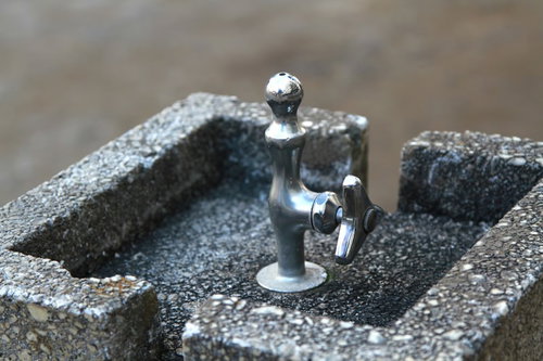 緑の中に置かれた公園の水飲み場