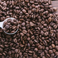 白い計量スプーンに盛った焙煎珈琲豆の写真