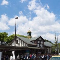原宿駅前の昼間の人混みと洋風駅舎、青空の下の横断歩道の群衆の写真