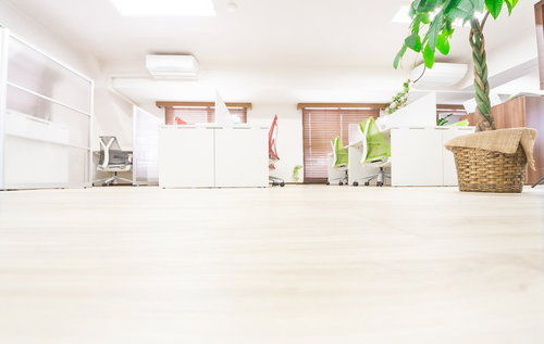 床から見上げたフローリングと白い家具のオフィス