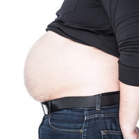 皮下脂肪をアピールするグラマラスな男性のメタボ体型の写真