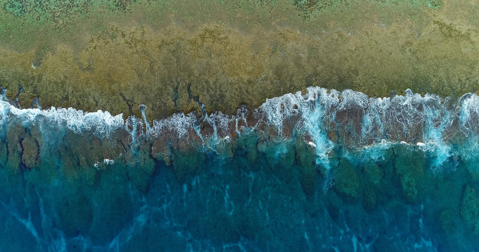 徳之島の透明なエメラルドグリーンの海と珊瑚礁を空撮した自然風景