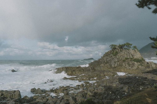 柱状節理の岩場に白く泡立つ波が押し寄せる冬の越前海岸