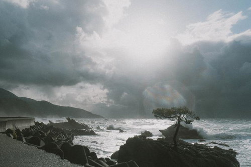 雲間からのぞく太陽に照らされて輝く日本海