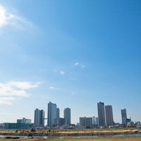 多摩川の河川敷から見える対岸のビルと住宅が並ぶ町並みの写真