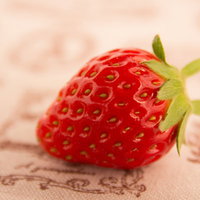 ベージュの布に置いた赤い一粒のイチゴの写真