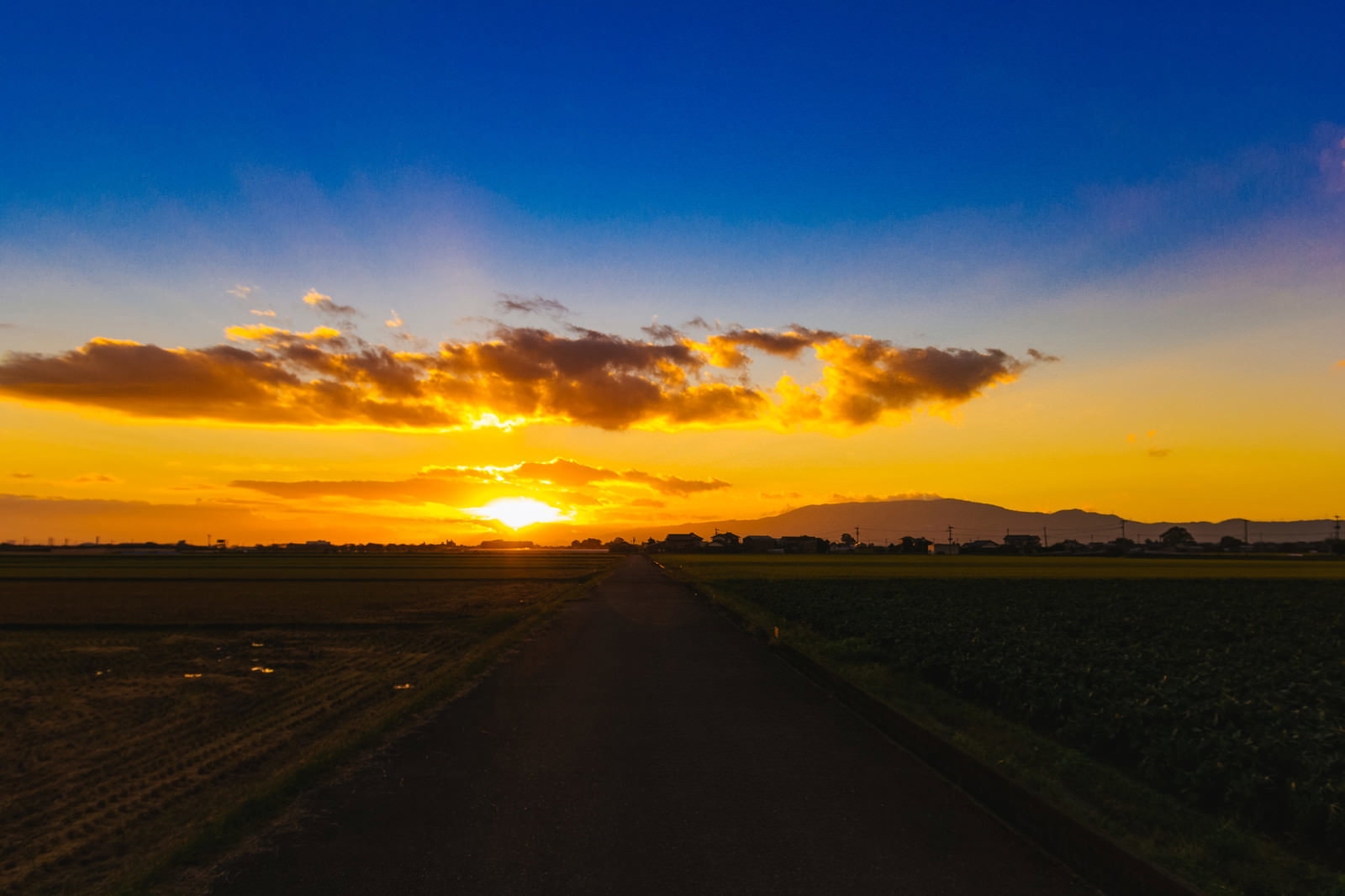 大刀洗の田園地帯に沈む夕陽と、オレンジ色に染まった夕焼け空