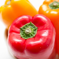 黄と赤のパプリカが白い背景に並ぶ新鮮な野菜の写真