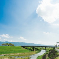 大刀洗の小石原川河川敷を照らす日差しと青空の風景の写真
