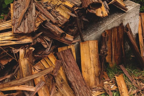 散らばった樹皮と割った薪、積み重ねられた木材の断面