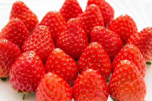 白い背景に並んだ新鮮な苺の赤い実と黄色い種の写真