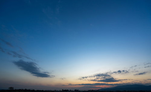 夕暮れ時、日が沈み青空がオレンジに染まる景色
