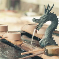 龍の口から水が流れる神社の手水舎の写真