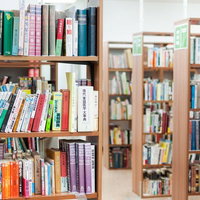 学校の図書室の本棚に並ぶ蔵書と読書環境の空間の写真