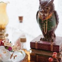 本の上に立つフクロウの置物の写真