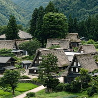 緑に囲まれた山間の合掌造り集落、富山県南砺市相倉集落の写真