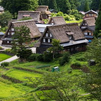 山間の田んぼと相倉集落の合掌造り｜五箇山の世界遺産の写真