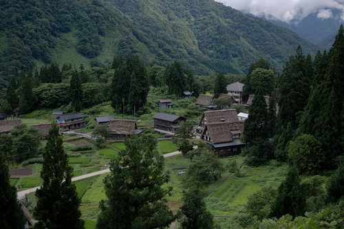 山間の相倉集落に伸びる道と茅葺屋根の合掌造り
