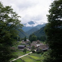 木々の間から望む山間の相倉集落の合掌造りの写真