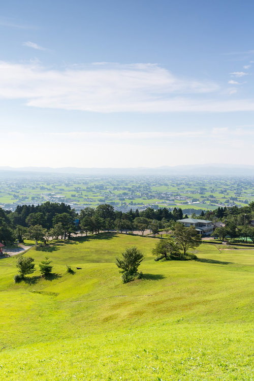 閑乗寺公園の高台から眼下に望む散居村と田園風景（富山県南砺市）