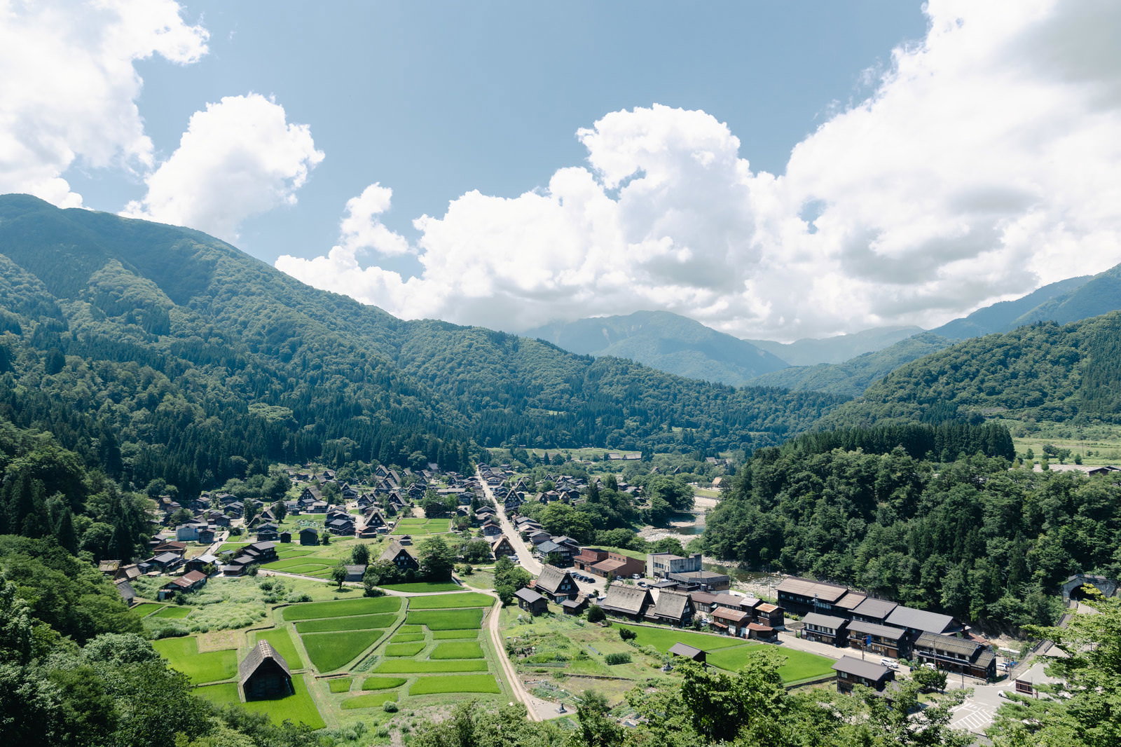 山々に囲まれた白川郷の合掌造り集落を俯瞰で撮影した夏の風景