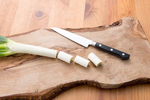まな板の上の長ネギと包丁の輪切り