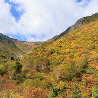 くろがね小屋周辺の鉄山、安達太良山の秋色紅葉の写真