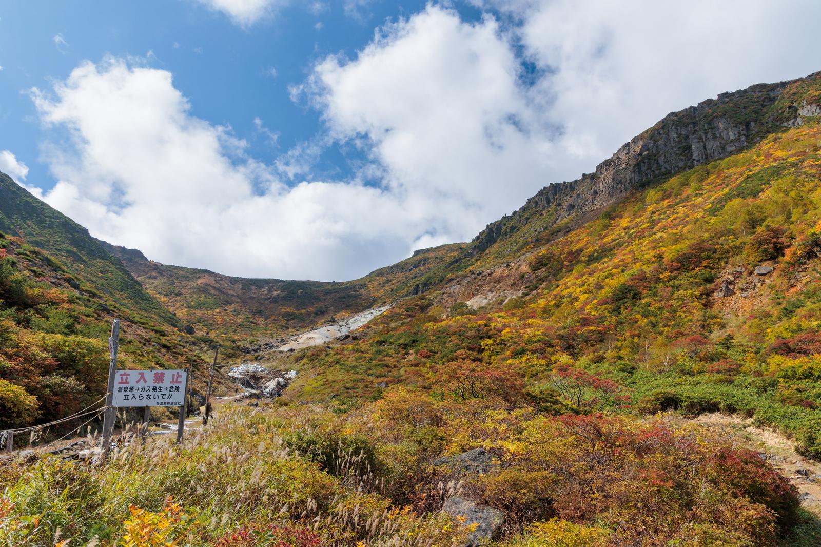 紅葉に彩られた安達太良山鉄山の登山道と渓流