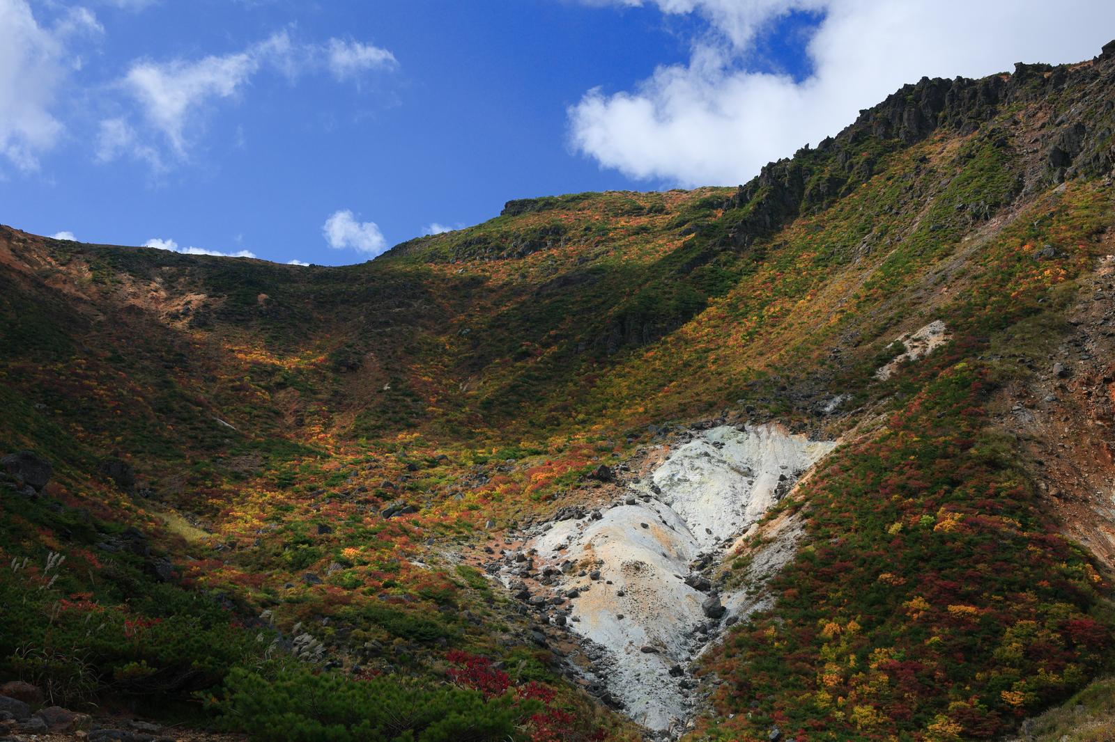 紅葉に彩られた安達太良山の峰の辻の登山道を流れる沢