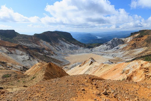 沼ノ平火口のクレーターと荒涼とした大地の風景