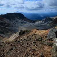 沼ノ平火口の荒涼とした大地と遠方の湖を高所から俯瞰の写真