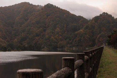 秋元湖の湖畔に立つ木製フェンスと紅葉山の秋景色