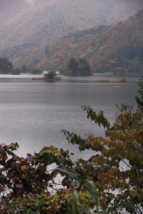 紅葉に包まれた秋元湖の静寂な湖面と秋の自然風景