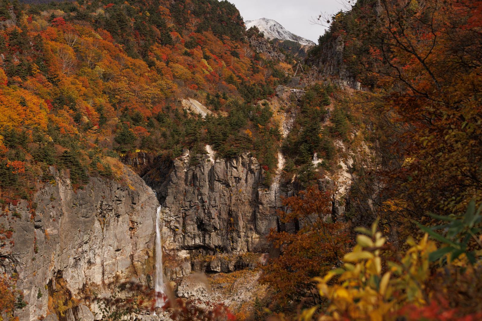 秋の紅葉に囲まれた崖壁を流れる白糸の滝と奥の雪山