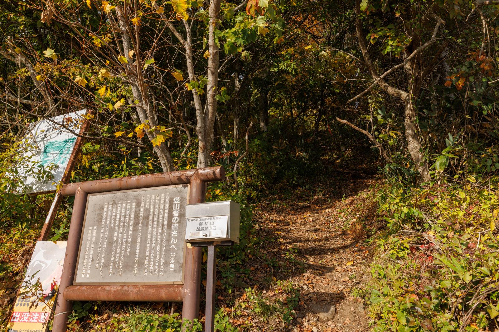 秋の樹林に囲まれた磐梯山翁島登山口の案内看板と落ち葉の散る林道