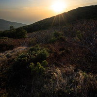 猪苗代町の鉄山避難小屋周辺で見られる新緑と夕焼けの夕暮れの写真
