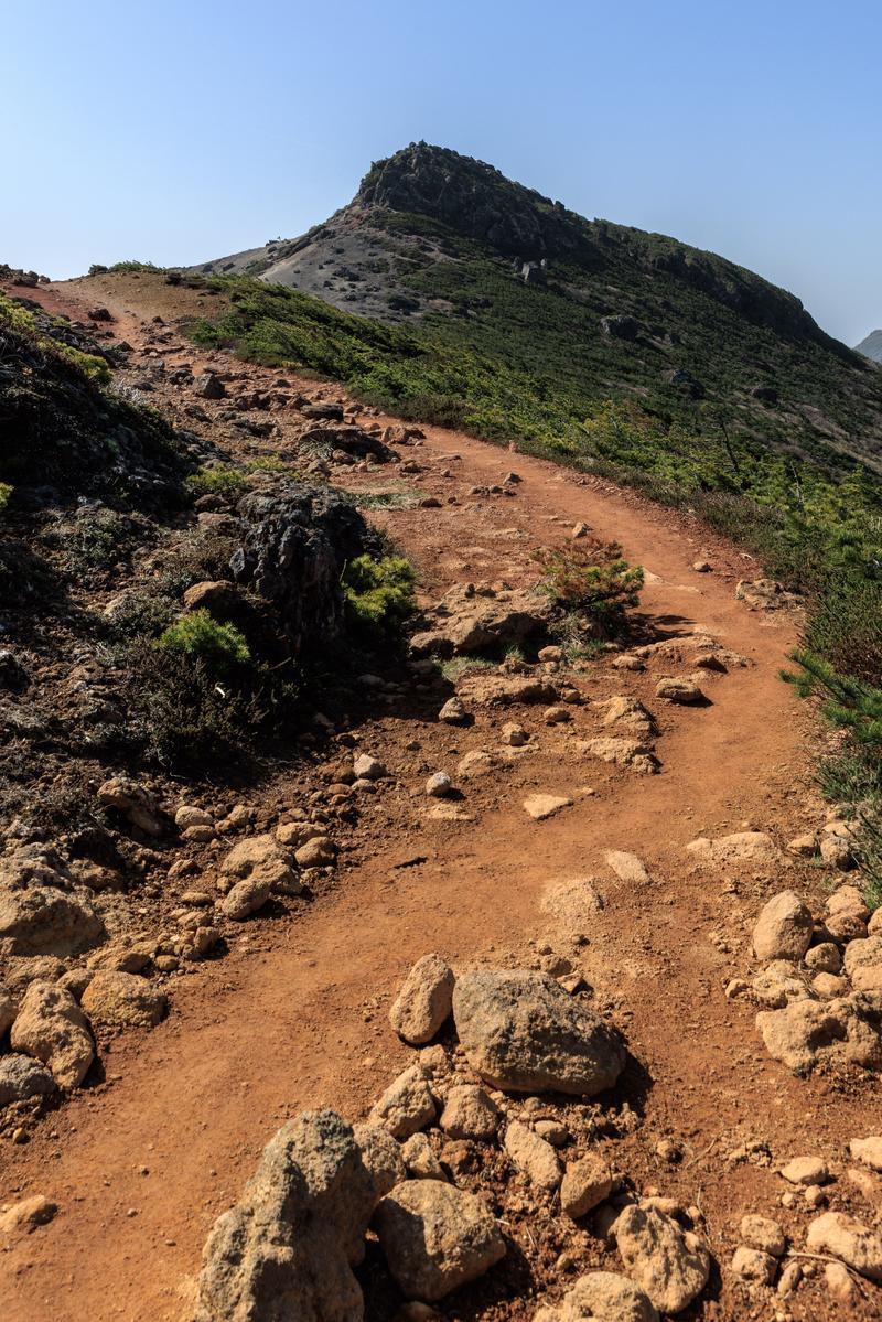 安達太良山の登山道の赤茶色の土道沿いに岩と新緑が見える