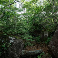 猪苗代町の磐梯山登山口からの岩間を進む登山道の写真