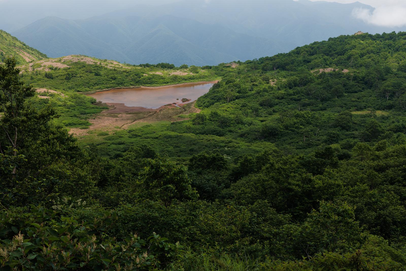 緑の山々に囲まれた赤褐色の沼と磐梯山の登山道の風景