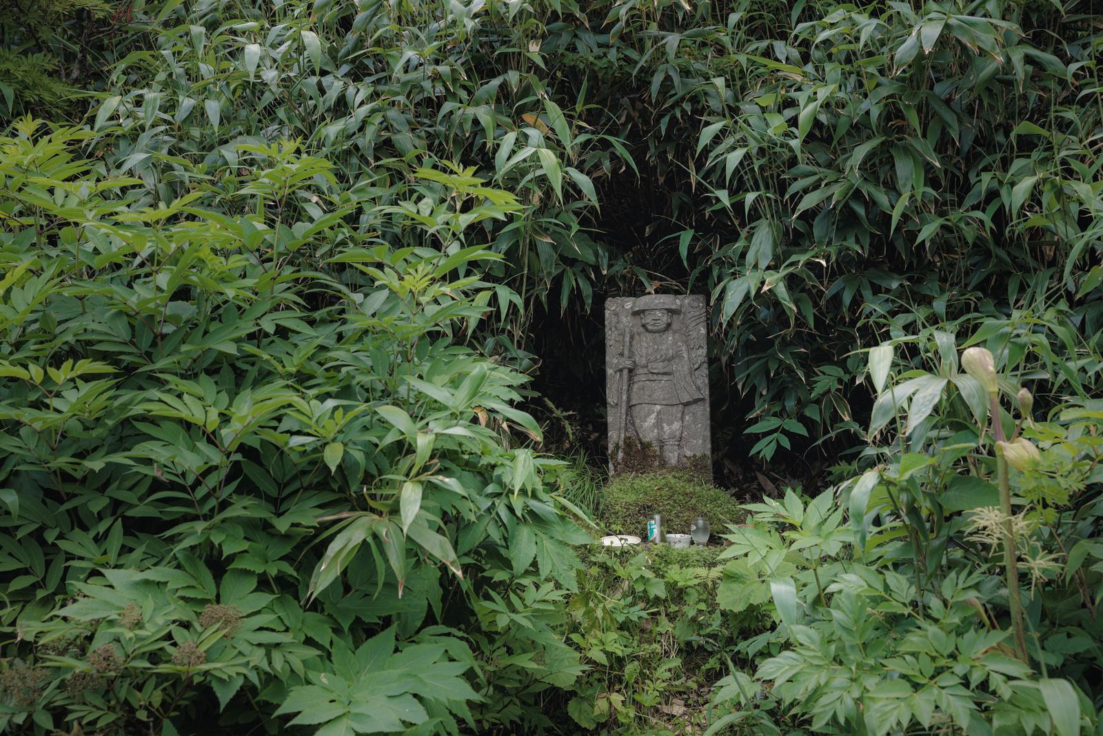 磐梯山登山口の藪の中に立つ苔むした石碑