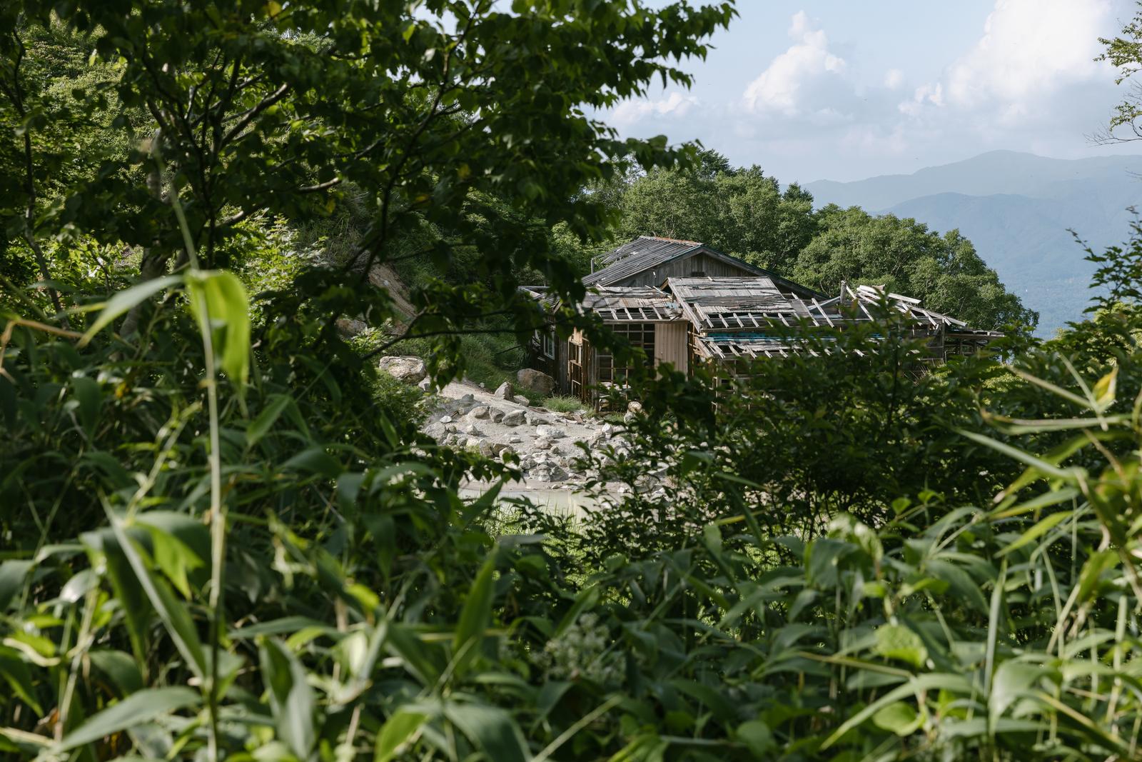 磐梯山登山道から見える瓦屋根の山小屋と緑の樹木に囲まれた風景