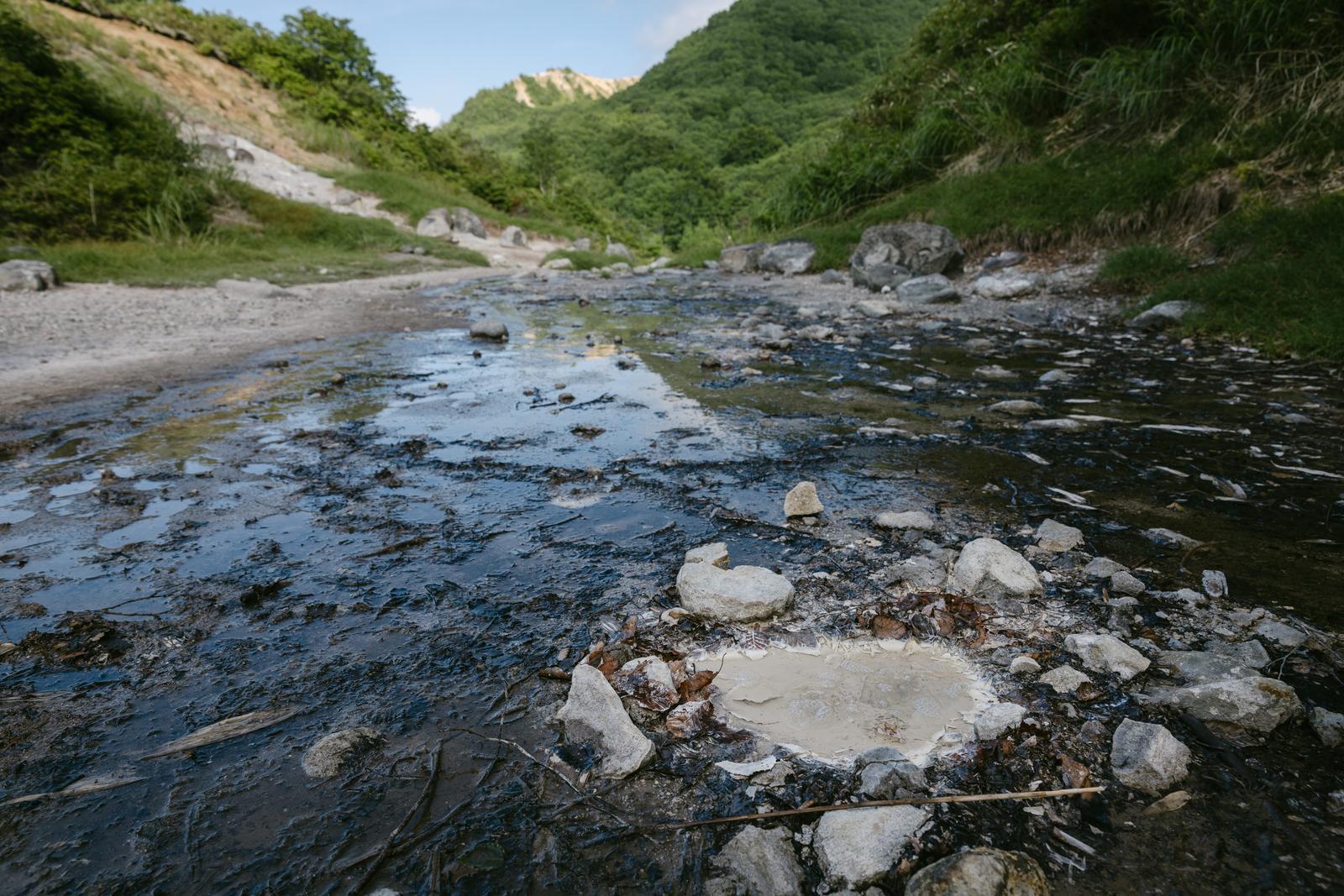 磐梯山登山道の湿地帯を流れる浅い渓流と岩場の風景