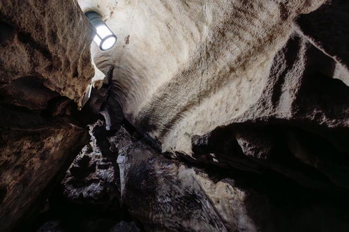 あぶくま洞の白い鍾乳石が天井から垂れ下がる洞内